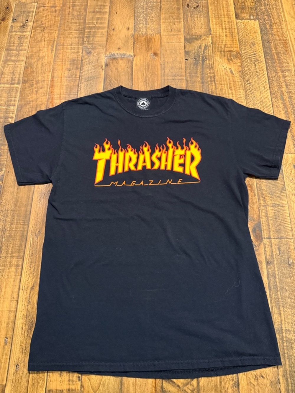 Thrasher Black Tee with Yellow-Orange Flame Logo